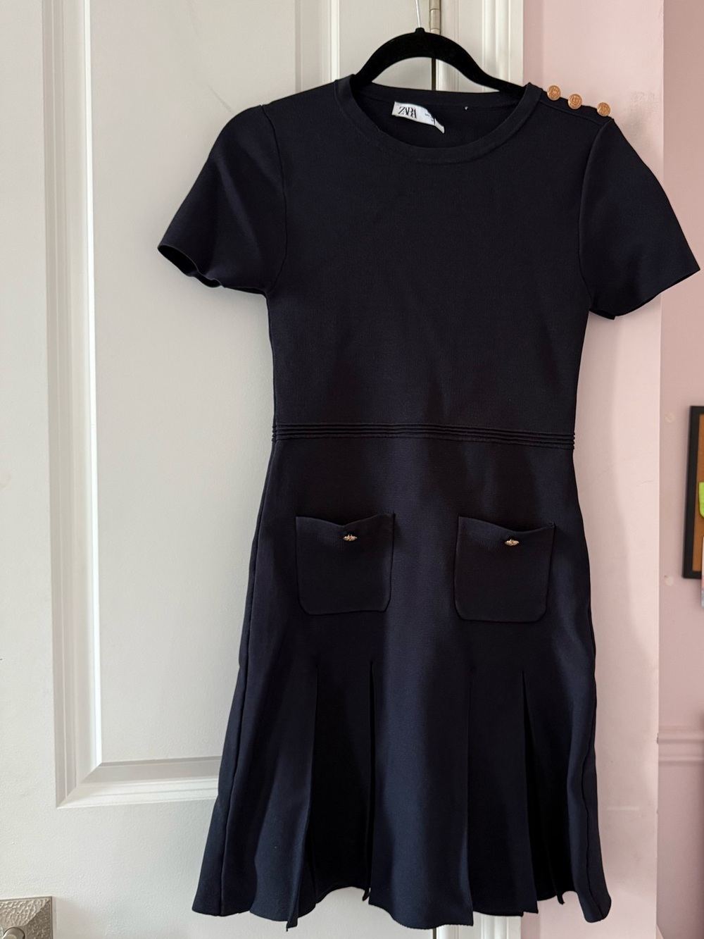 Zara Navy Knit Fit & Flare Mini Dress Gold Button Detail Size Small